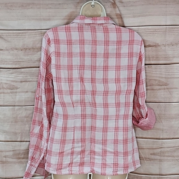 Eddie Bauer shirt button down long sleeve roll tab pink cream plaid print S - Picture 5 of 10